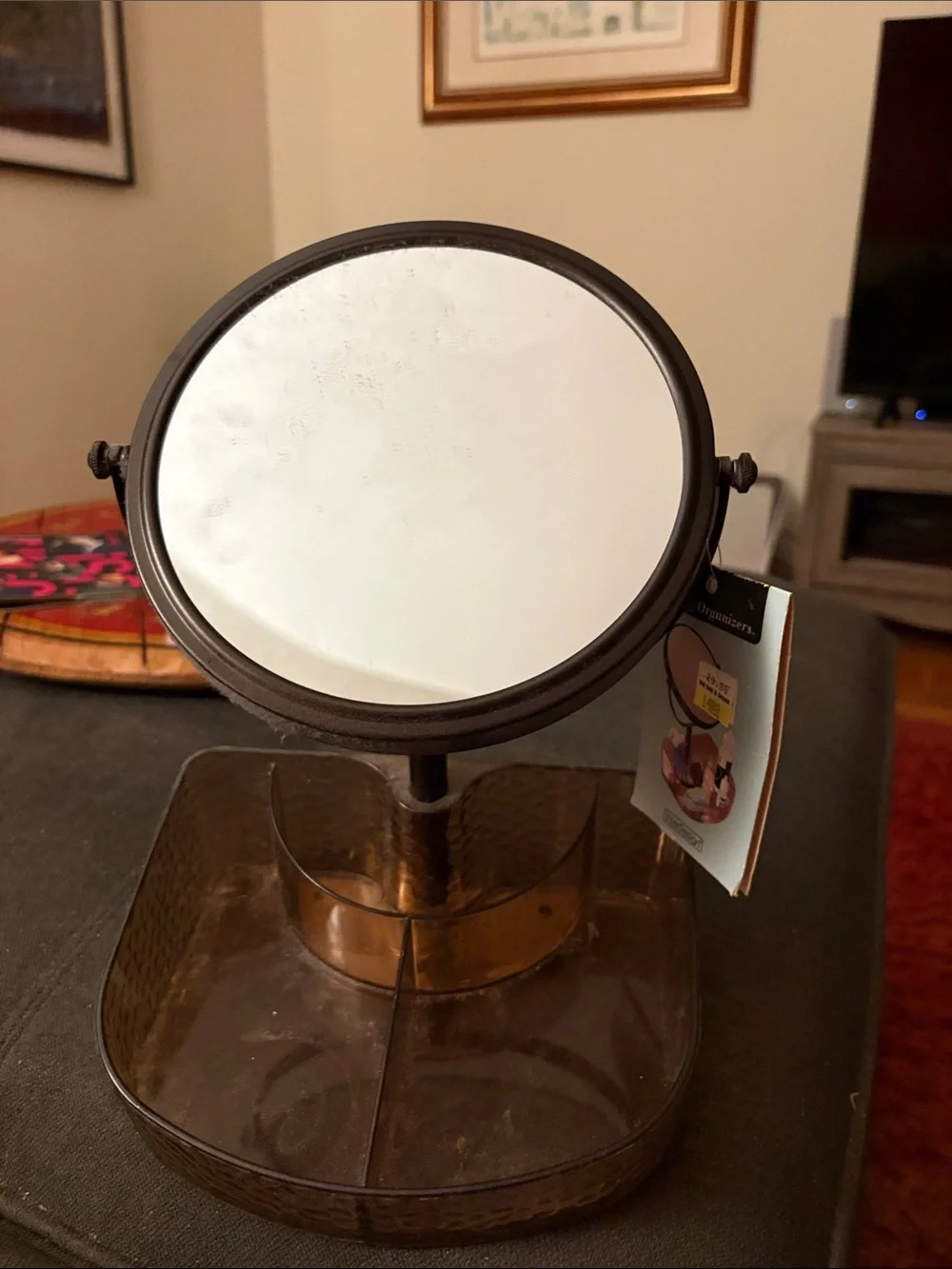 Double-Sided Bronze Vanity Mirror with Divided Tray